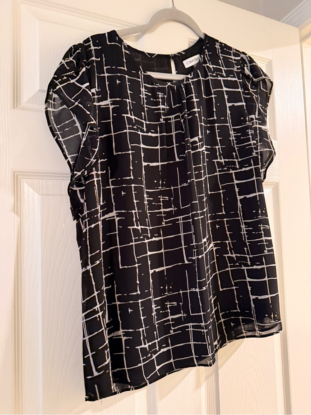 Calvin Klein Black Blouse with White Grid Overlay